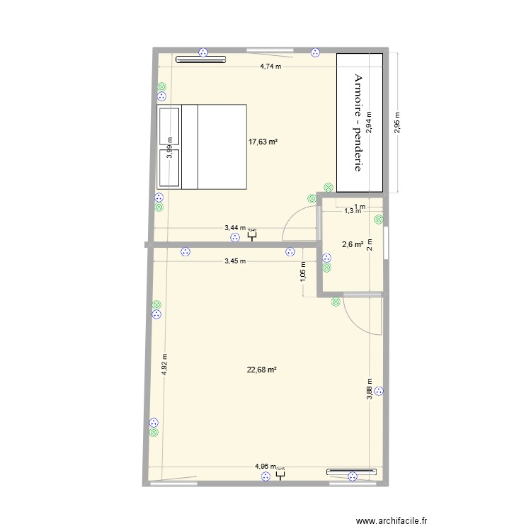 plan du dessus. Plan de 3 pièces et 43 m2