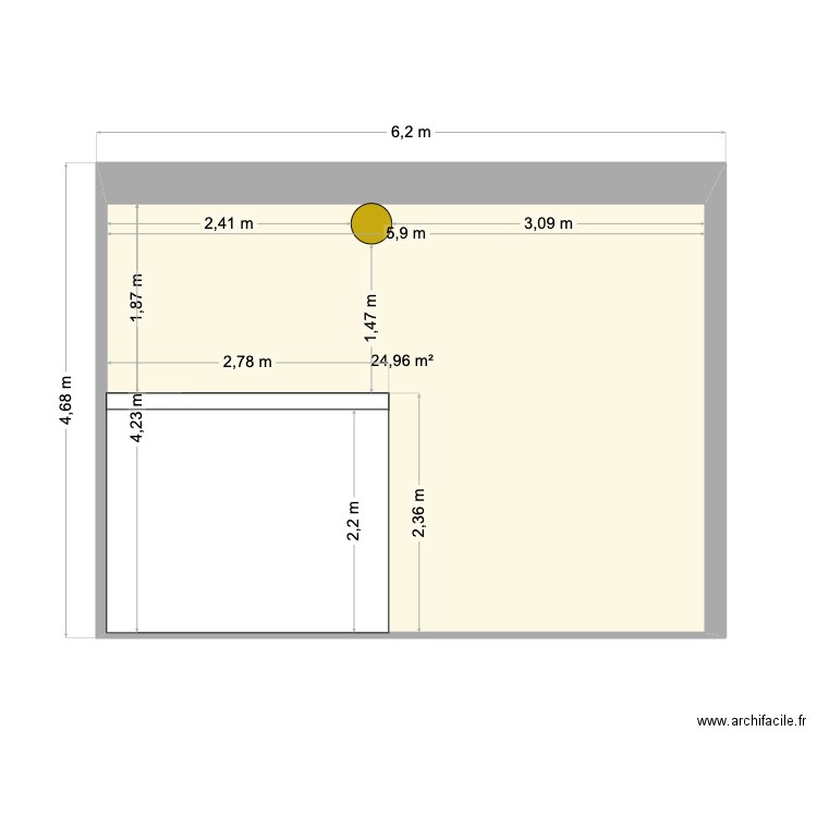 mur Ouest exterieur. Plan de 1 pièce et 25 m2
