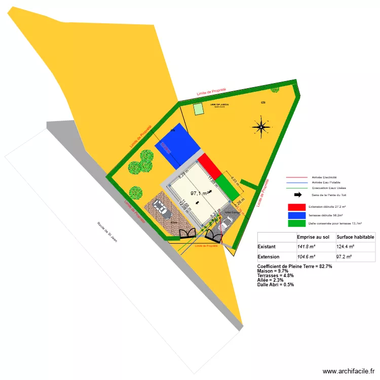 Plan de masse sans extension. Plan de 1  et 97 m²