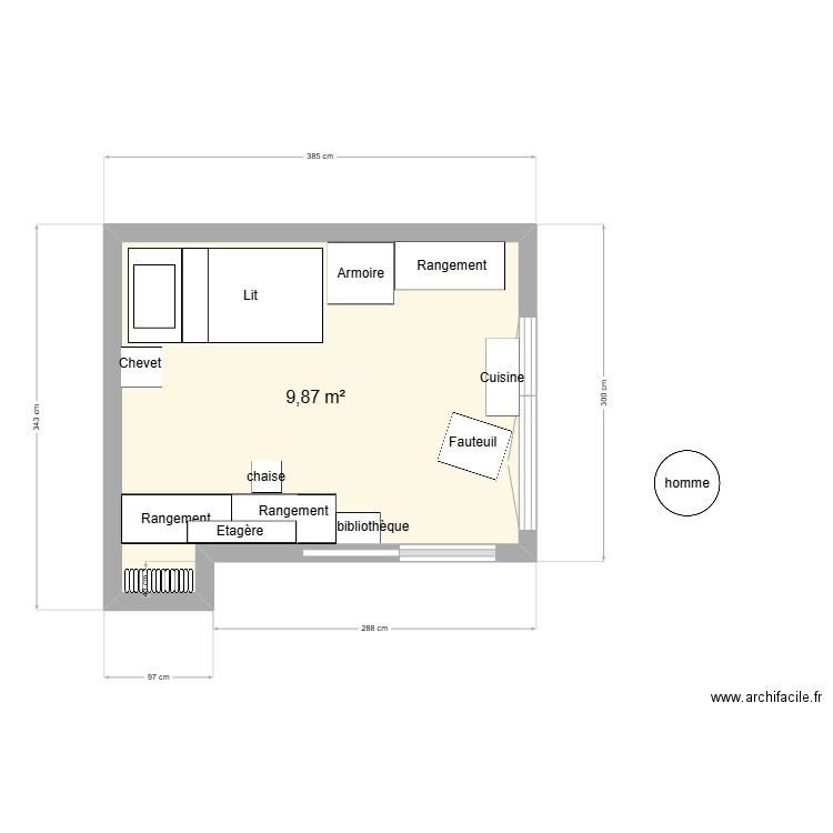 Chambre enfant. Plan de 1 pièce et 10 m2