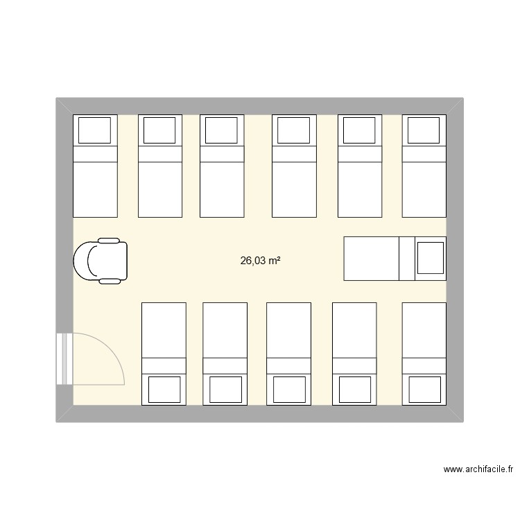 dortoir de droite avec lit sarah. Plan de 1 pièce et 26 m2