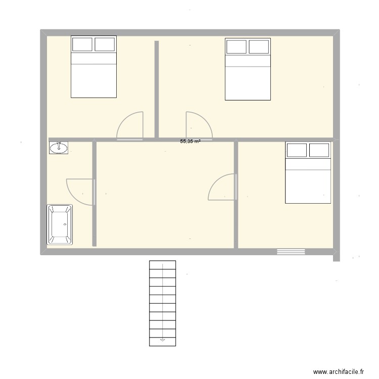 R+1, chambre 1, chambre 2, salle de bain. Plan de 1 pièce et 55 m2