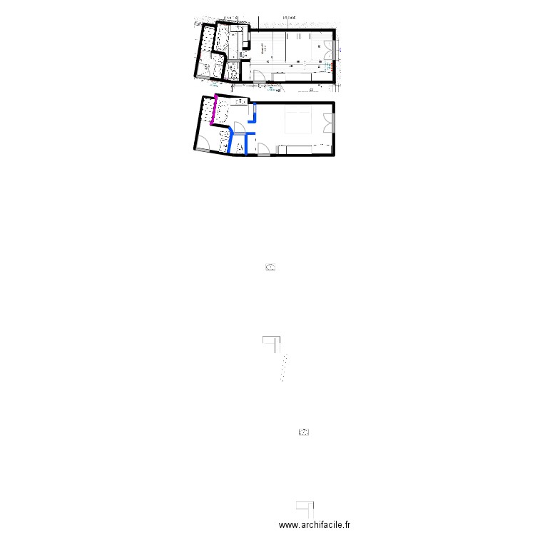 Option decalage mur SdB 50cm. Plan de 2 pièces et 50 m2