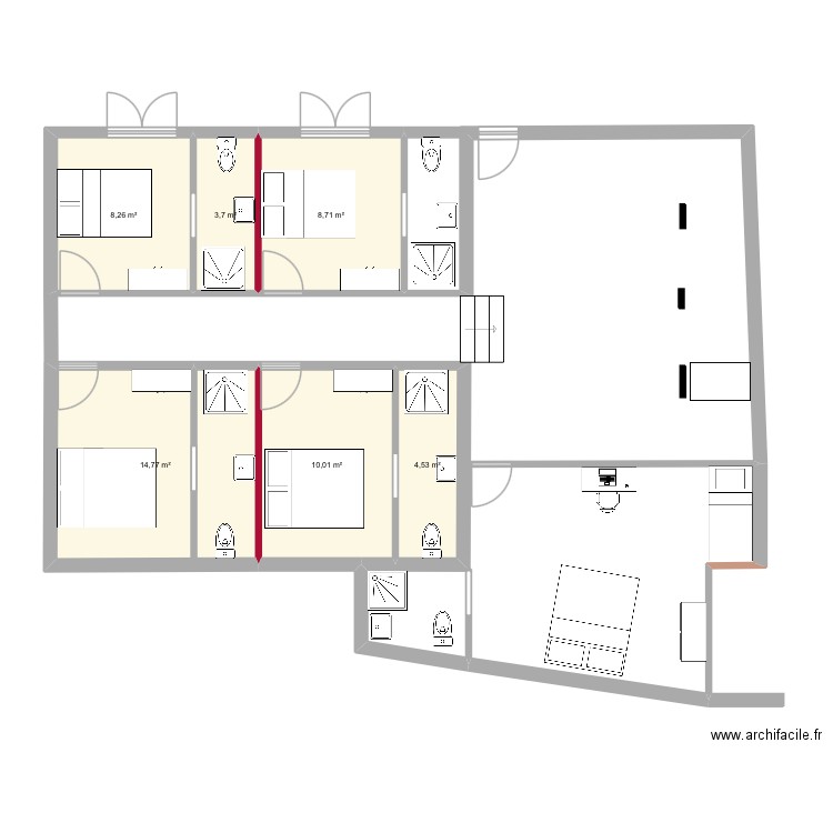 Chambre resto. Plan de 6 pièces et 50 m2