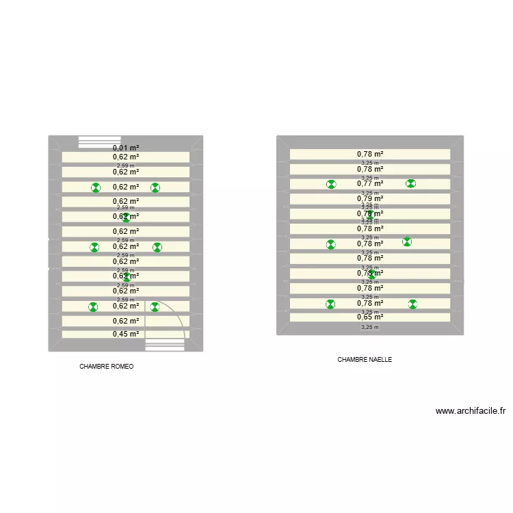Eclairage led Chambres des enfants. Plan de 26  et 17 m²