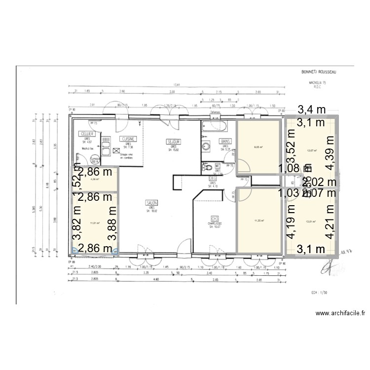 agrandissement maison 2. Plan de 6 pièces et 61 m2