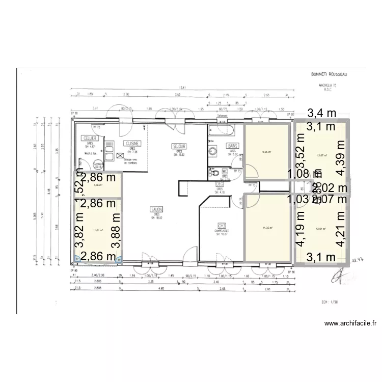 agrandissement maison 2. Plan de 6  et 61 m²