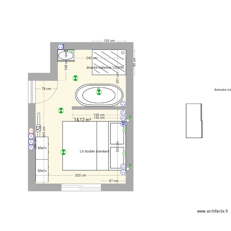 suite RDC. Plan de 1 pièce et 14 m2