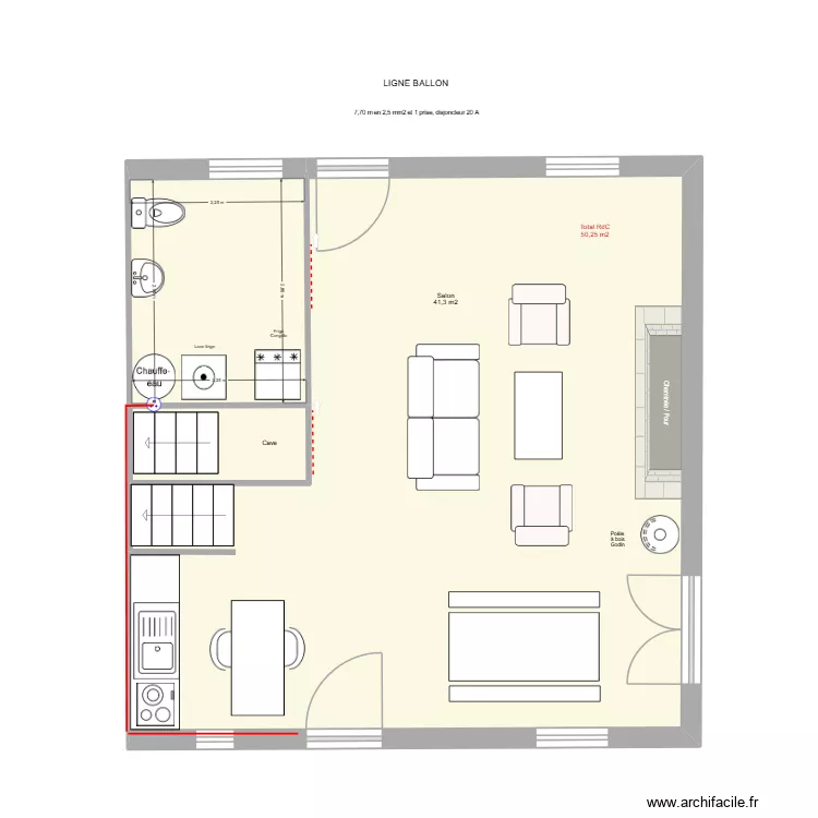 Ligne Ballon eau. Plan de 3 pièces et 50 m²
