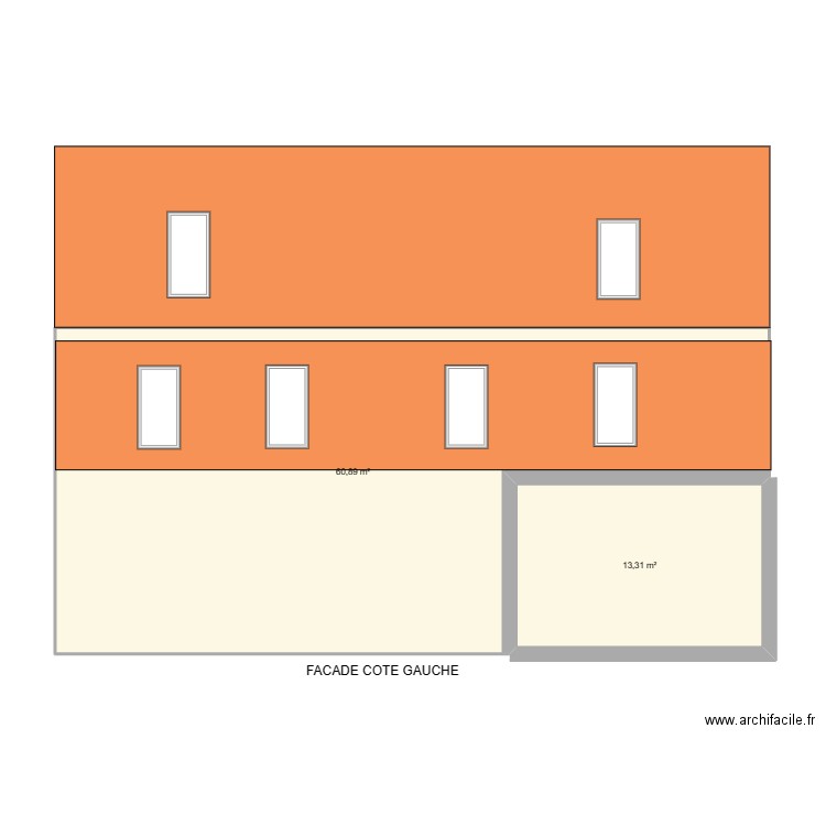 plan façade G. Plan de 2 pièces et 74 m2