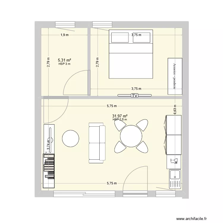 r&eacute;sidence service. Plan de 2  et 37 m²