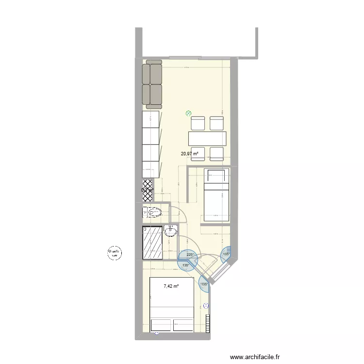 LGC Couloir central. Plan de 3  et 29 m²