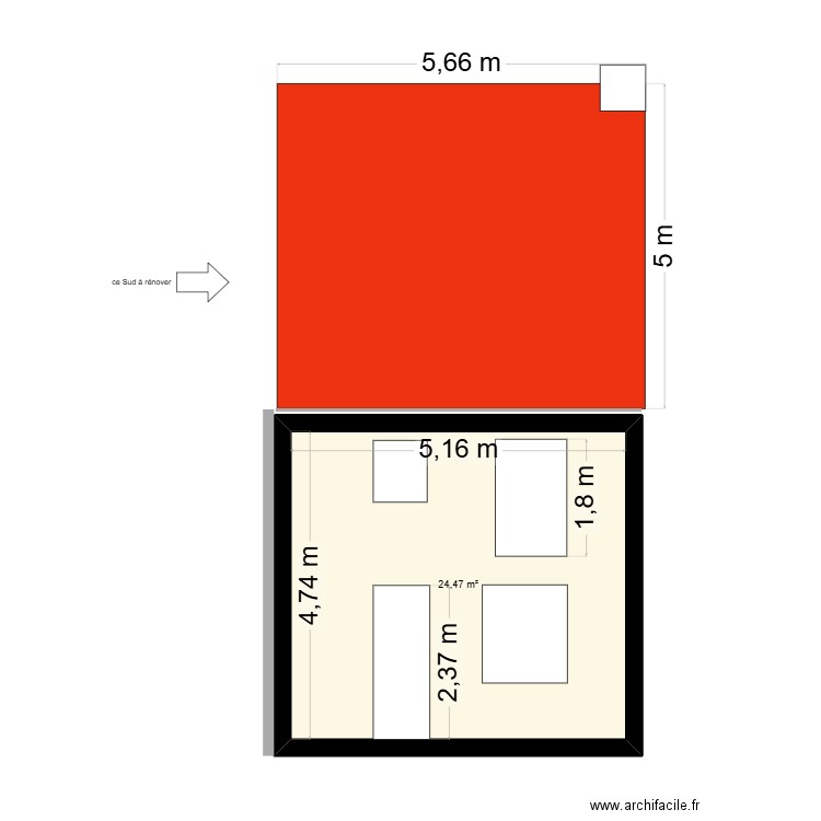Facade sud. Plan de 1 pièce et 24 m2