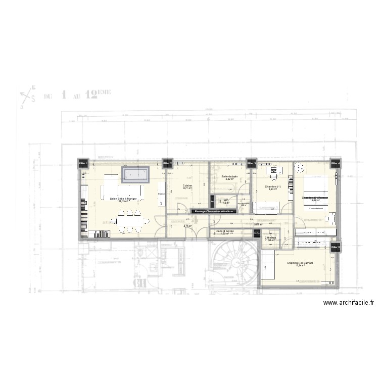 partagé Juliette. Plan de 20 pièces et 95 m2