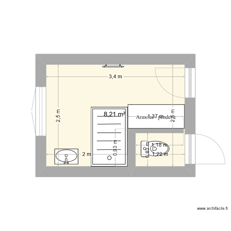 Salle de bain Après aménagements. Plan de 1 pièce et 8 m2