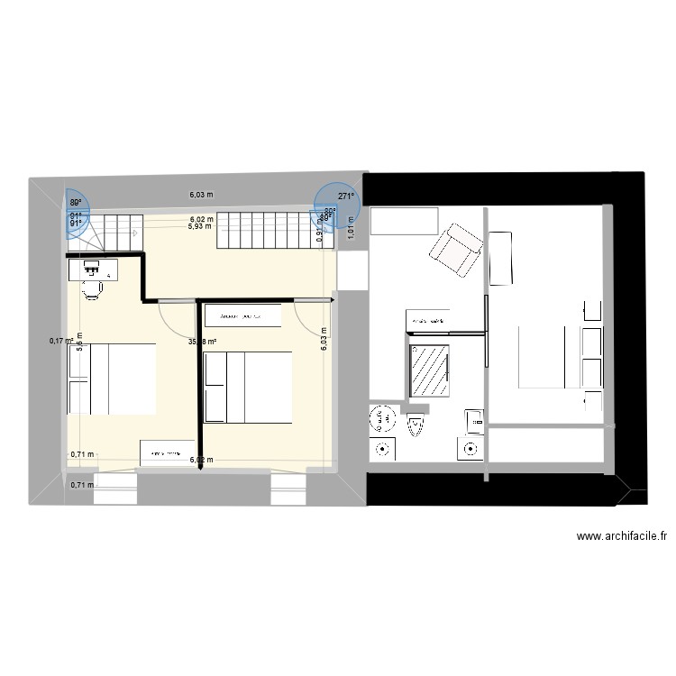 +1 bis. Plan de 2 pièces et 35 m2