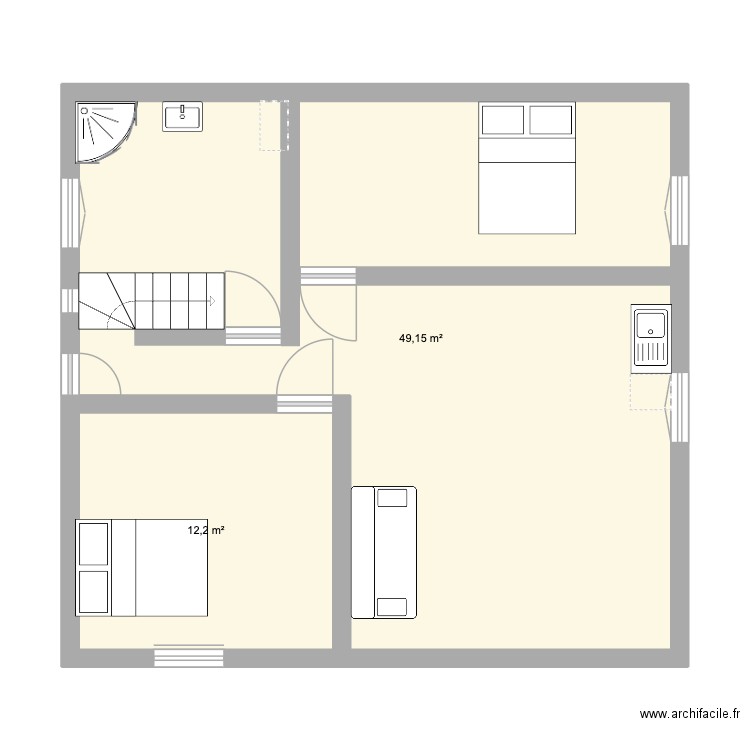 sous sol. Plan de 2 pièces et 61 m2