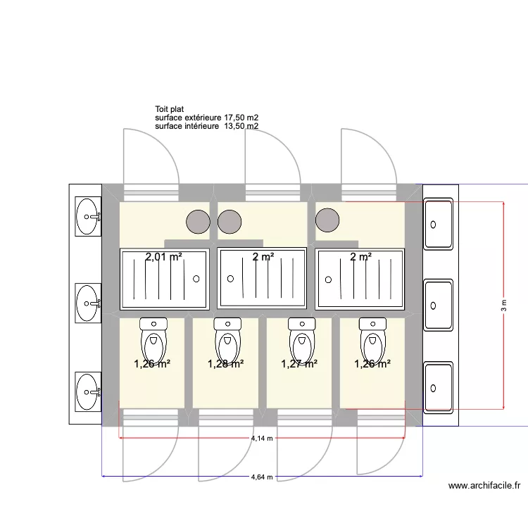 3 douches 4 WC 4,64 x 3,5. Plan de 7  et 11 m²
