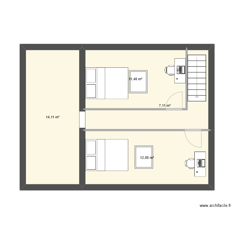 logement R+1. Plan de 4 pièces et 46 m2