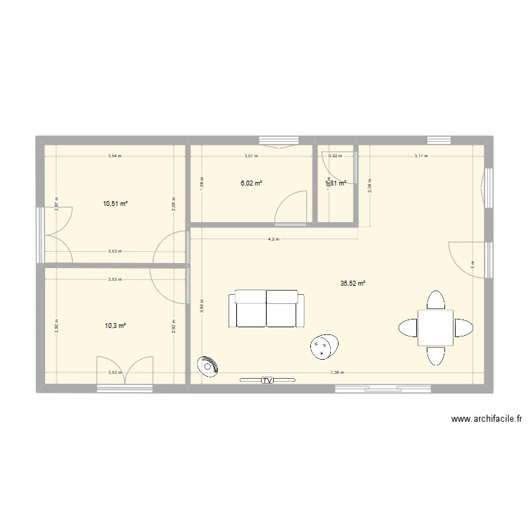 Paussan 1. Plan de 5 pièces et 64 m2