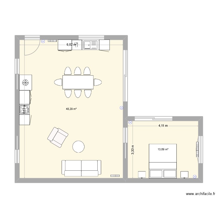 EXTENSION. Plan de 2 pièces et 62 m2