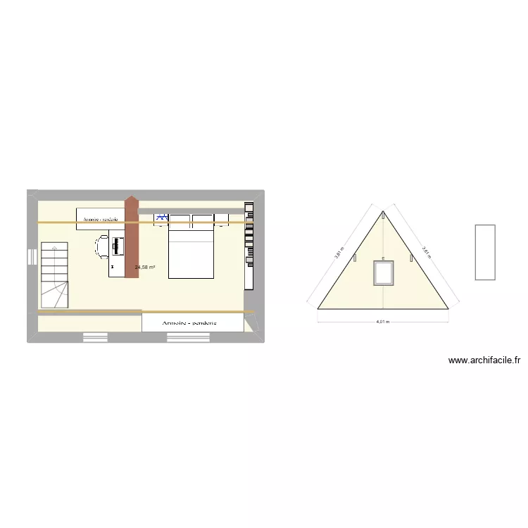 comble+ int&eacute;gration escaliers. Plan de 1  et 25 m²
