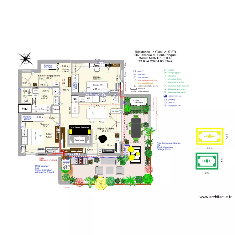 T3 C3404 _ R&eacute;sidence Le Clos Lauzier 4 (table anthracite 1,3 + chaises agave). Plan de 8  et 91 m²