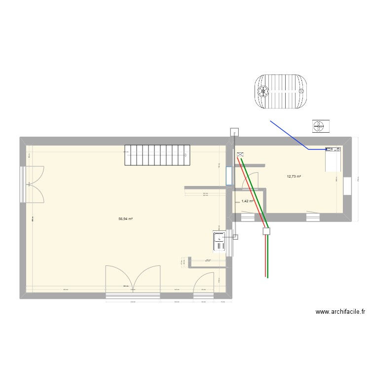 cabanon rdc plomberie. Plan de 4 pièces et 69 m2