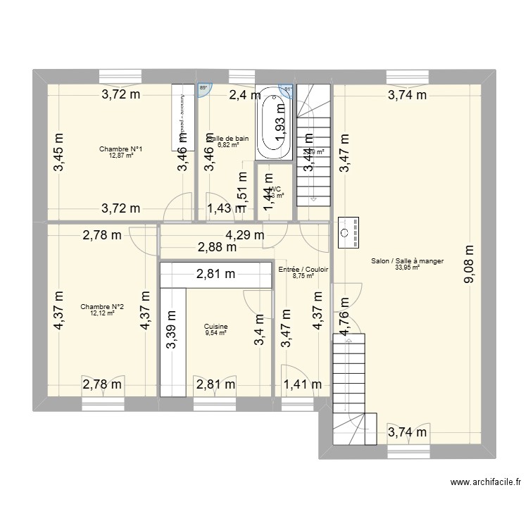 RDC. Plan de 8 pièces et 88 m2