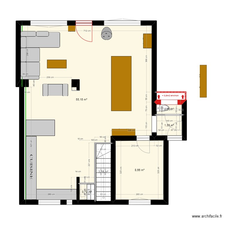 RDC meubles. Plan de 6 pièces et 69 m2