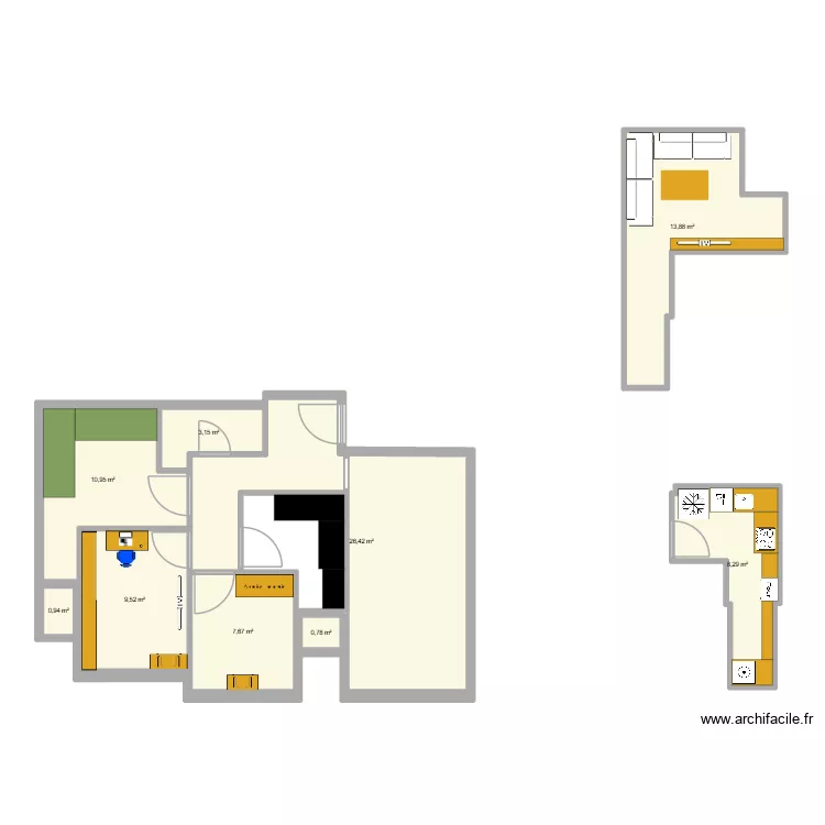 MDK. Plan de 9  et 82 m²