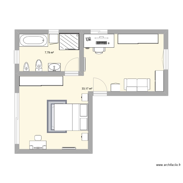 CHAMBRE. Plan de 2 pièces et 41 m2