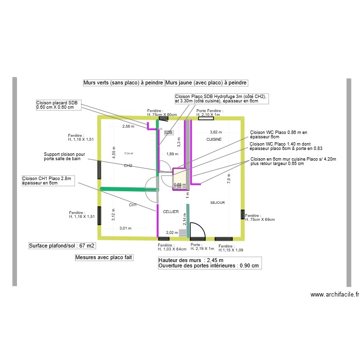 Pibrac Maison Mur & Fenêtres pour peinture. Plan de 2 pièces et 19 m2