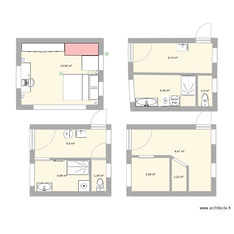 Salle deau. Plan de 10 pièces et 52 m2