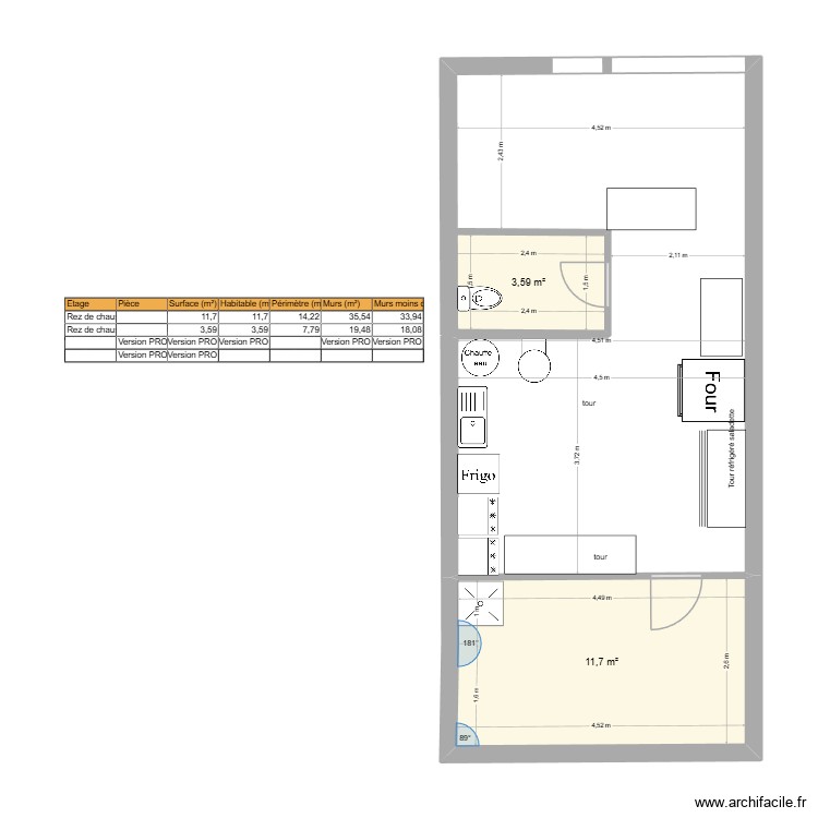 pizzeria2. Plan de 2 pièces et 15 m2