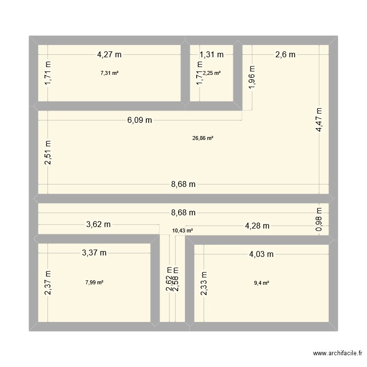 Aménagement et extension du studio. Plan de 6 pièces et 64 m2