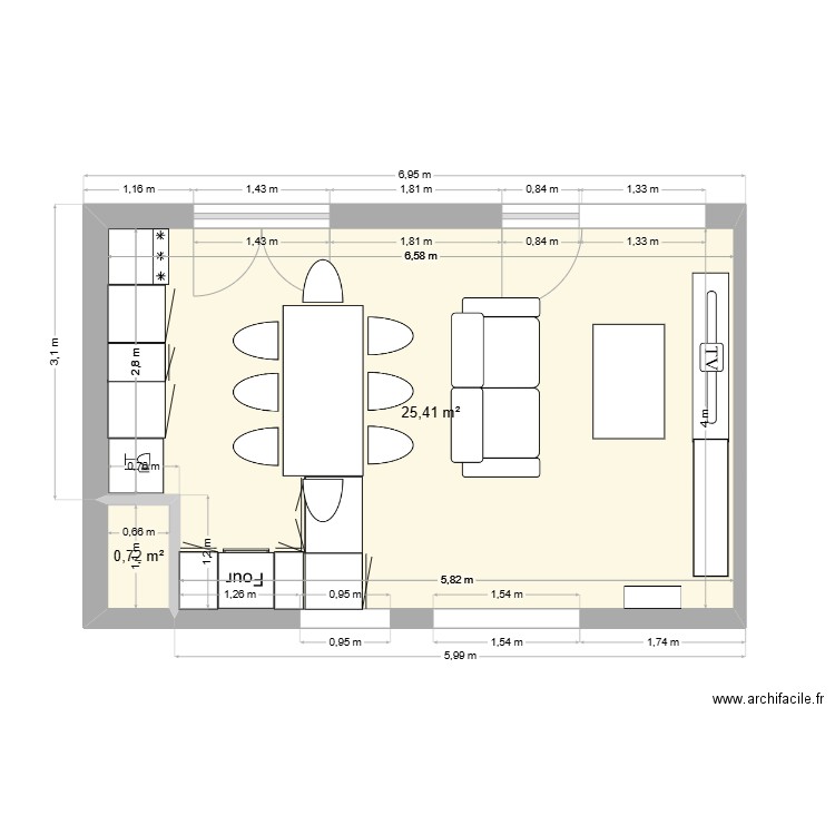 APPART CUISINE. Plan de 2 pièces et 26 m2