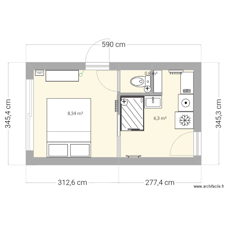 garage WC séparé. Plan de 3 pièces et 15 m2