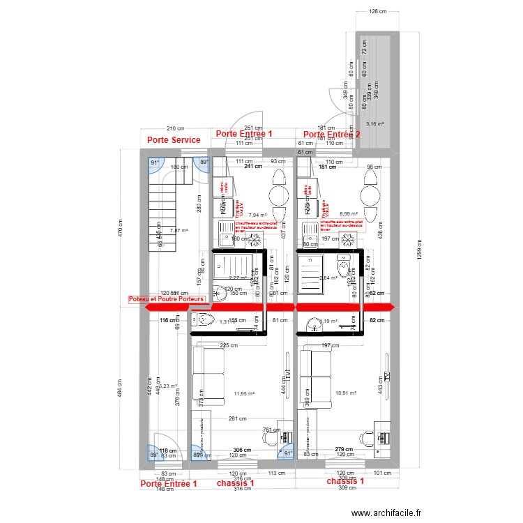immeuble1 RDC V2 2 studios. Plan de 11 pièces et 64 m2