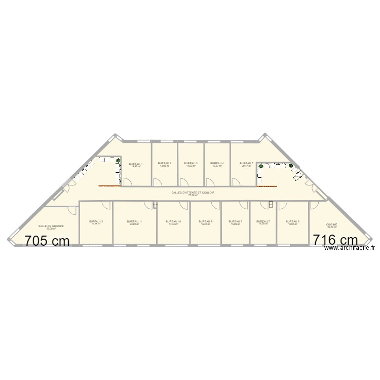 Jouy RDC 361 Bureaux avec salle de groupe et 2 salle d'attenteV1704. Plan de 16 pièces et 328 m2