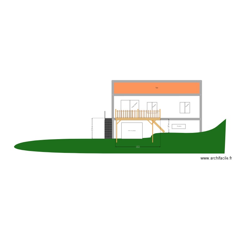 Façade Sud. Plan de 3 pièces et 57 m2