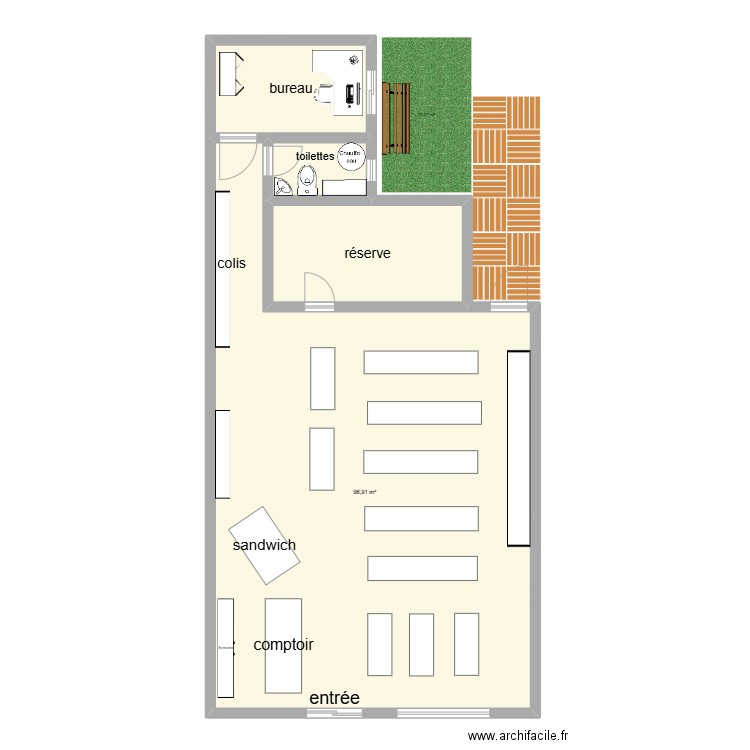 Supérette. Plan de 5 pièces et 122 m2