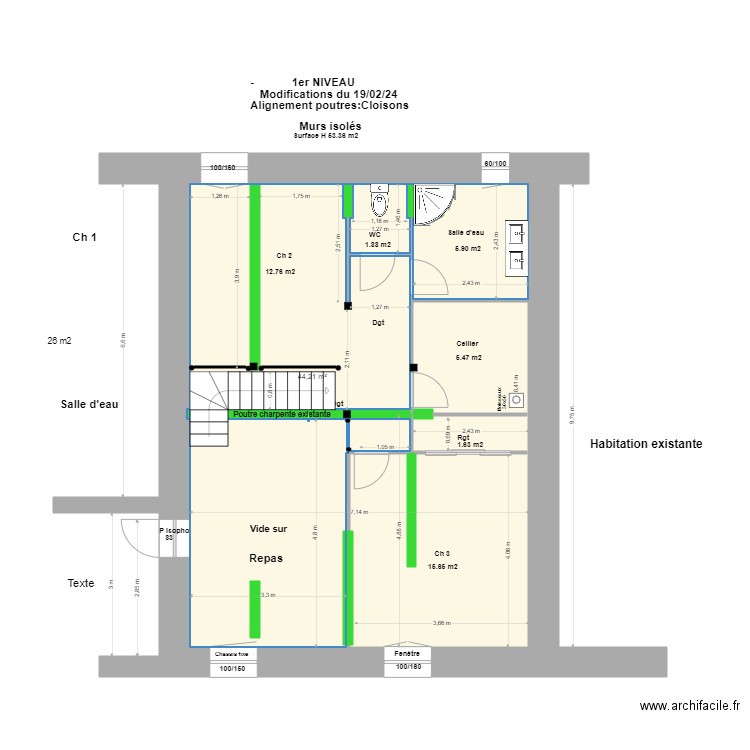 Escalier. Poutres:Cloisons*. Plan de 2 pièces et 66 m2