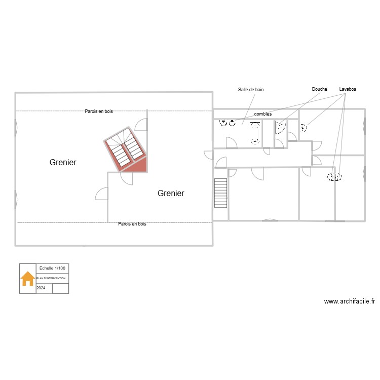 Etage +1 sanitaires. Plan de 12 pièces et 73 m2