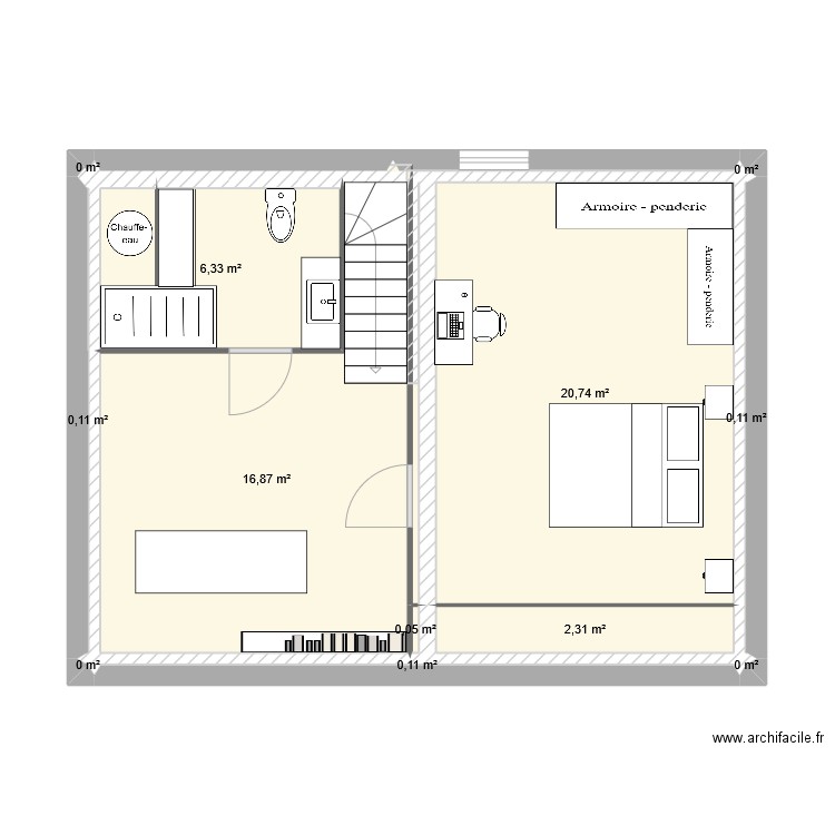 Etage maisonnette. Plan de 12 pièces et 47 m2