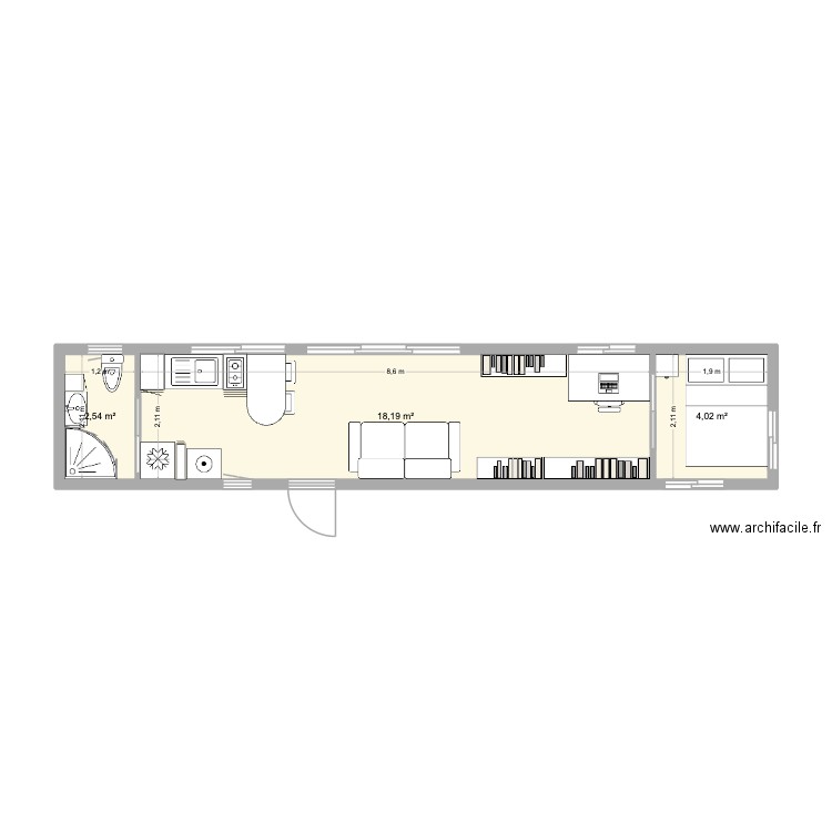 Container 40 feet T2. Plan de 3 pièces et 25 m2