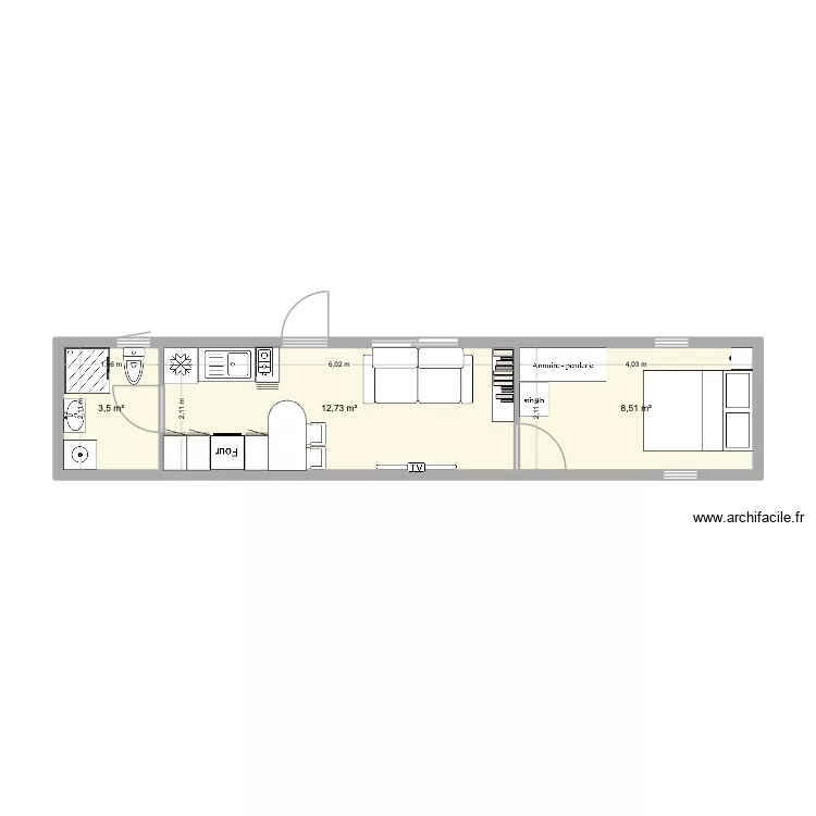 Container 40 feet T2. Plan de 3 pièces et 25 m² Container 40 feet T2. Plan de 3 pièces et 25 m²