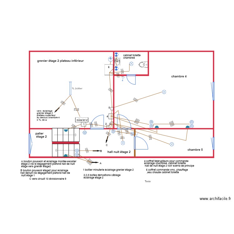 implantation étage 2 eclairage. Plan de 5 pièces et 45 m2