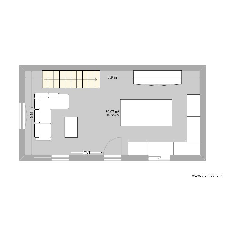 Séjour cuisine. Plan de 1 pièce et 30 m2