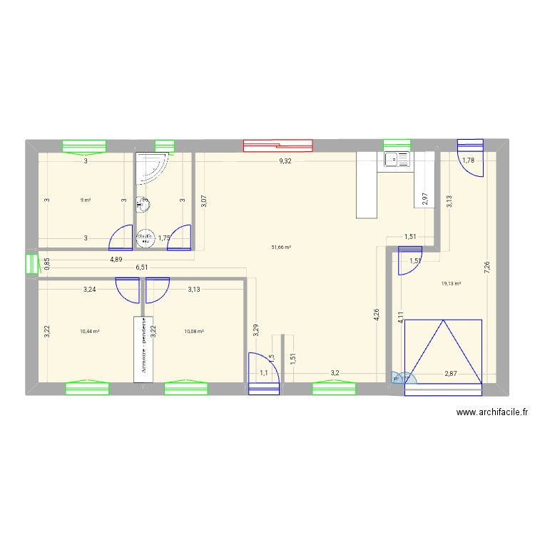 Projet maison 4 chambres essai 2. Plan de 5 pièces et 100 m2